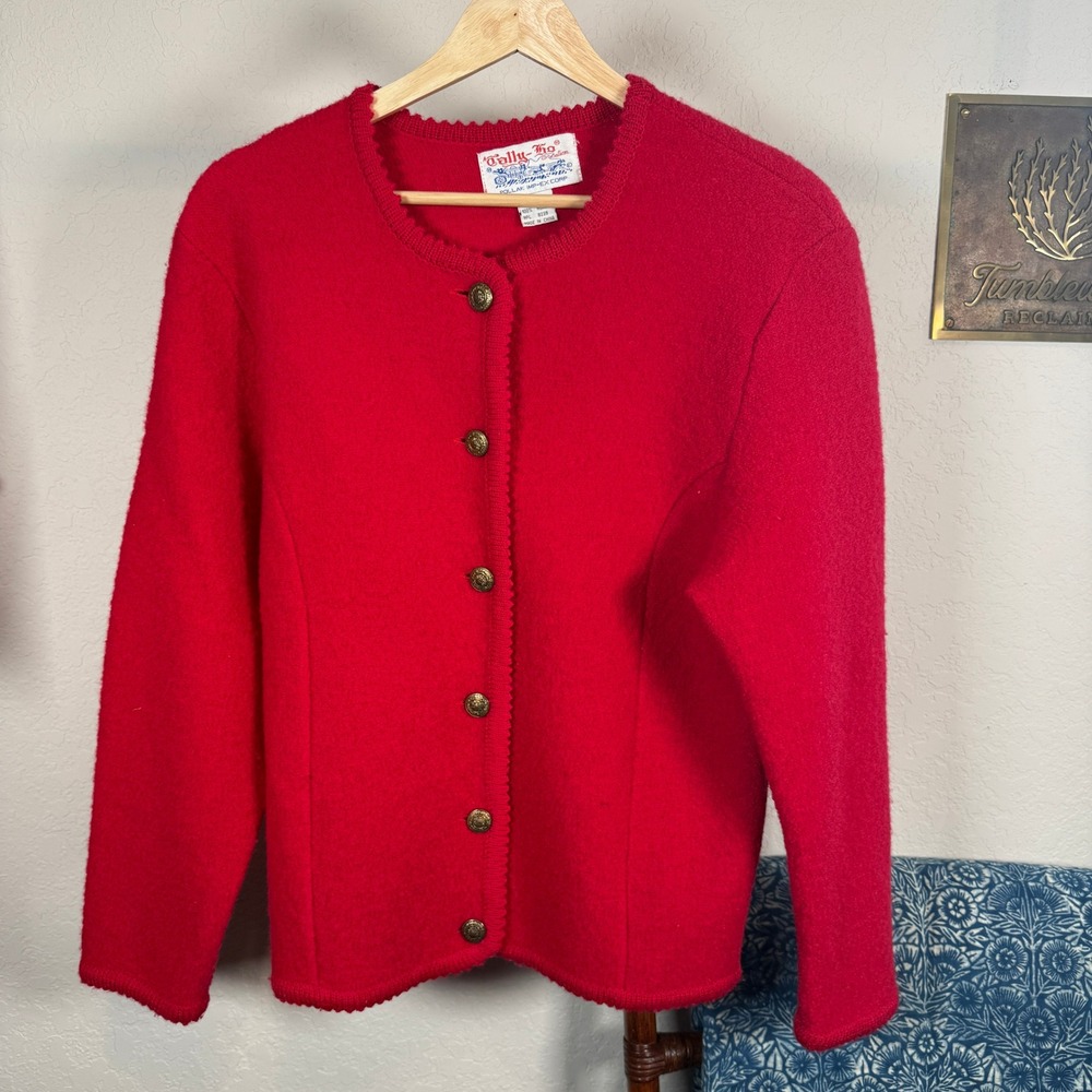 Tally-Ho Vintage 100% Boiled Wool Red Cardigan Scalloped Gold Crest Button Small